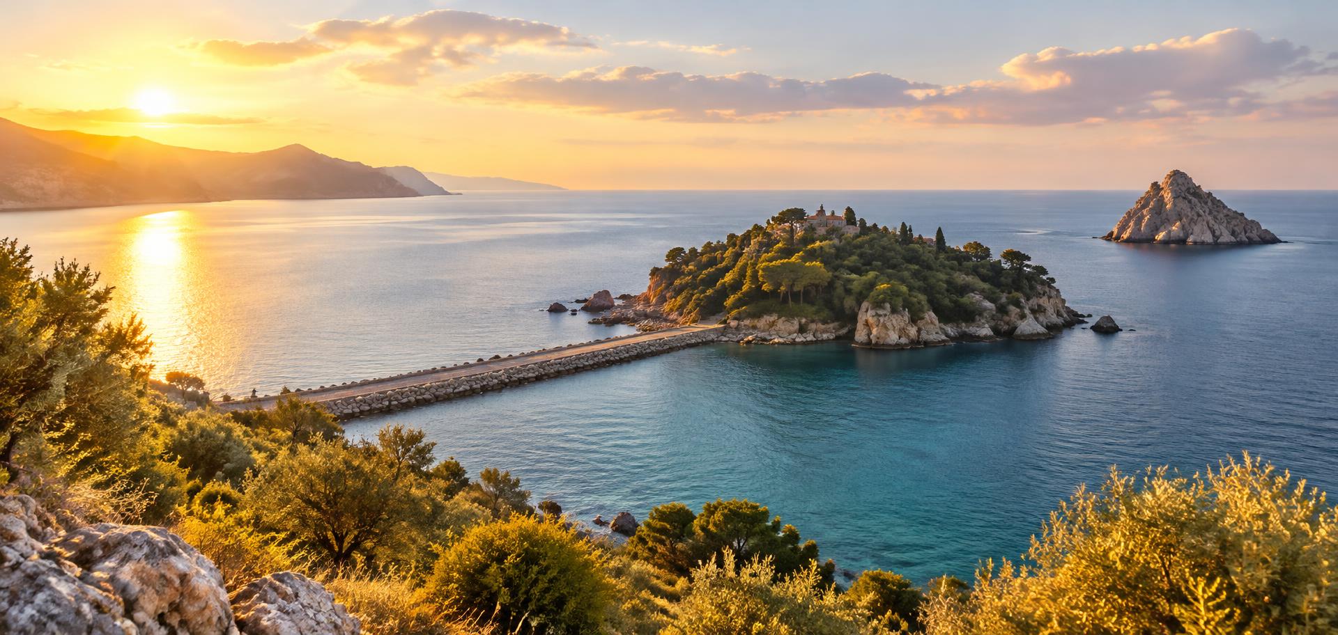 Île boisée reliée par une jetée de pierre, sur une mer calme au soleil couchant